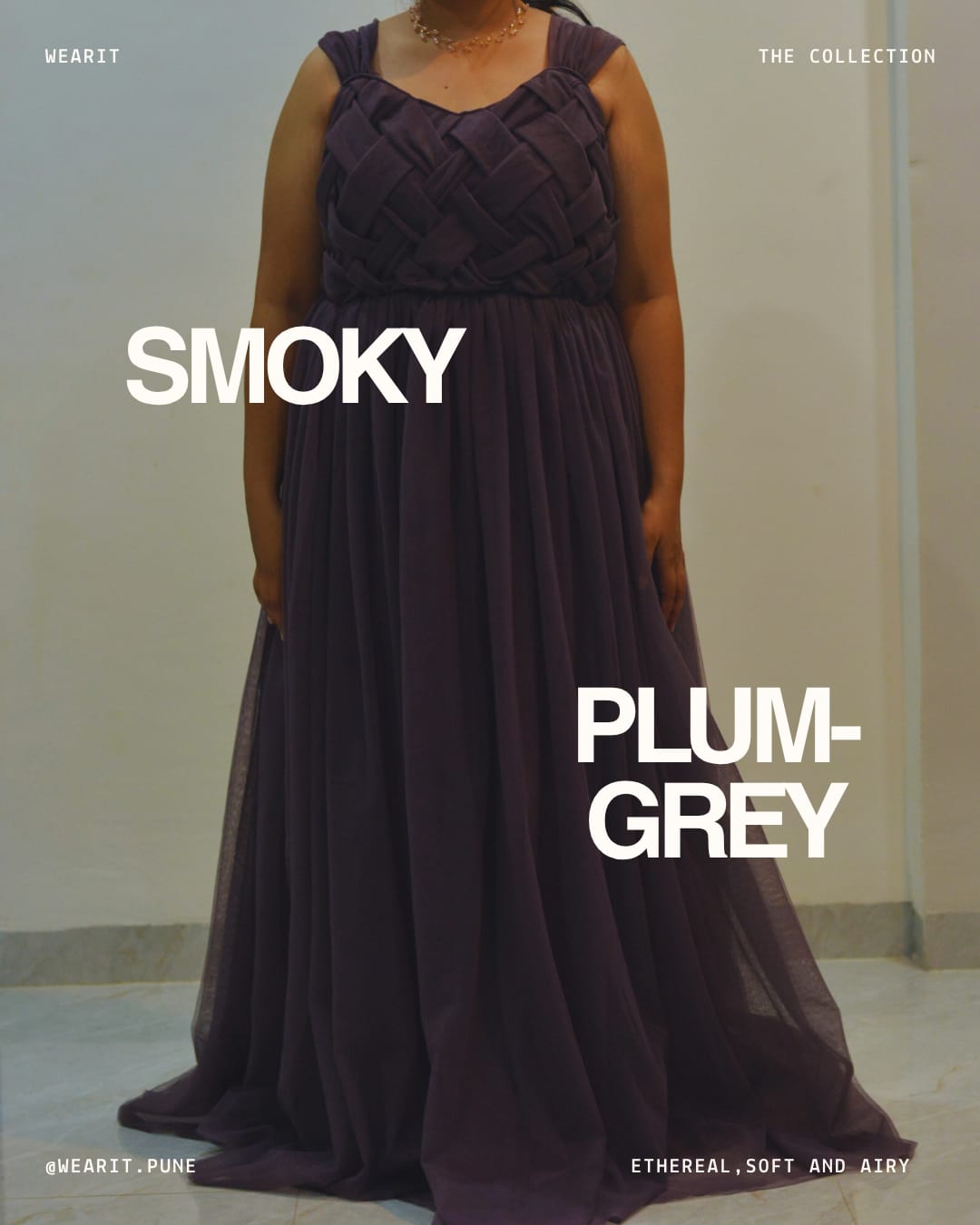 Smoky plum-grey basket-weave maternity gown — wearit premium rental, Hinjewadi Pune